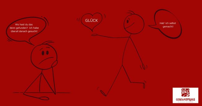GLÜCK Was ist Coaching und für wen ist es hilfreich? Dieses Bild zeigt zwei Strichmännchen, die miteinander sprechen. Über das Glück. Das eine, sagt zum anderen, dass es das Glück selbst gemacht hat.