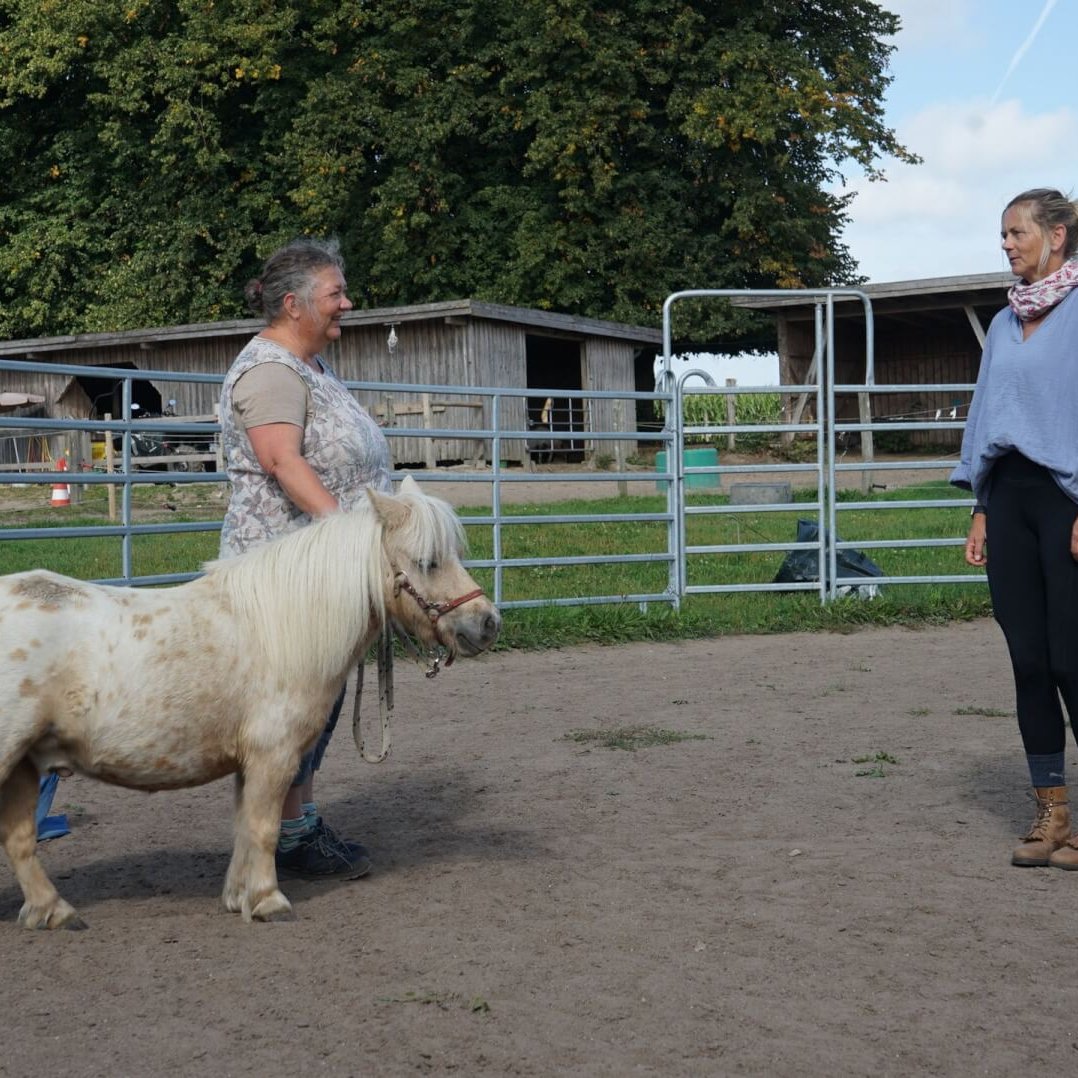 Hier siehst du wieder das Minishetty mit seiner Halterin. Im Gespräch mit der Trainerin Tanja Kirchhoff.