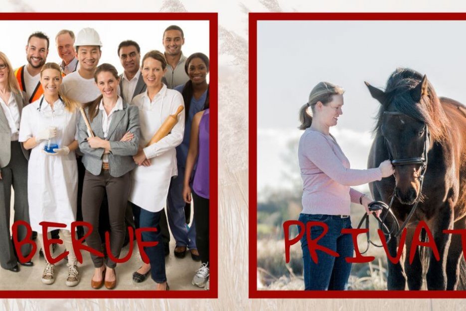 Auf diesem Foto siehst du einen linken und einen rechten Bereich. Das linke Foto zeigt Menschen in ganz unterschiedlicher, beruflicher Kleidung. So kannst du erahnen, dass es sich um Bäcker, Ärzte, Bauarbeiter und viele andere Berufe mehr geht. Das rechte Foto zeigt mich, mit meinem Pferd Freixenet.