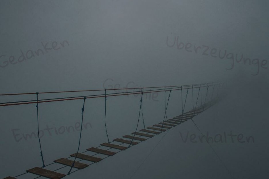 Auf diesem Foto ist eine Seilbrücke mit Holzsprossen abgebildet. Sie verschwindet auf der rechten Bildseite im Nebel. Durch den Nebel scheinen die Worte "Gedanken", "Gefühle", "Emotionen", "Überzeugungen" und "Verhaltensmuster" ganz schwach durch