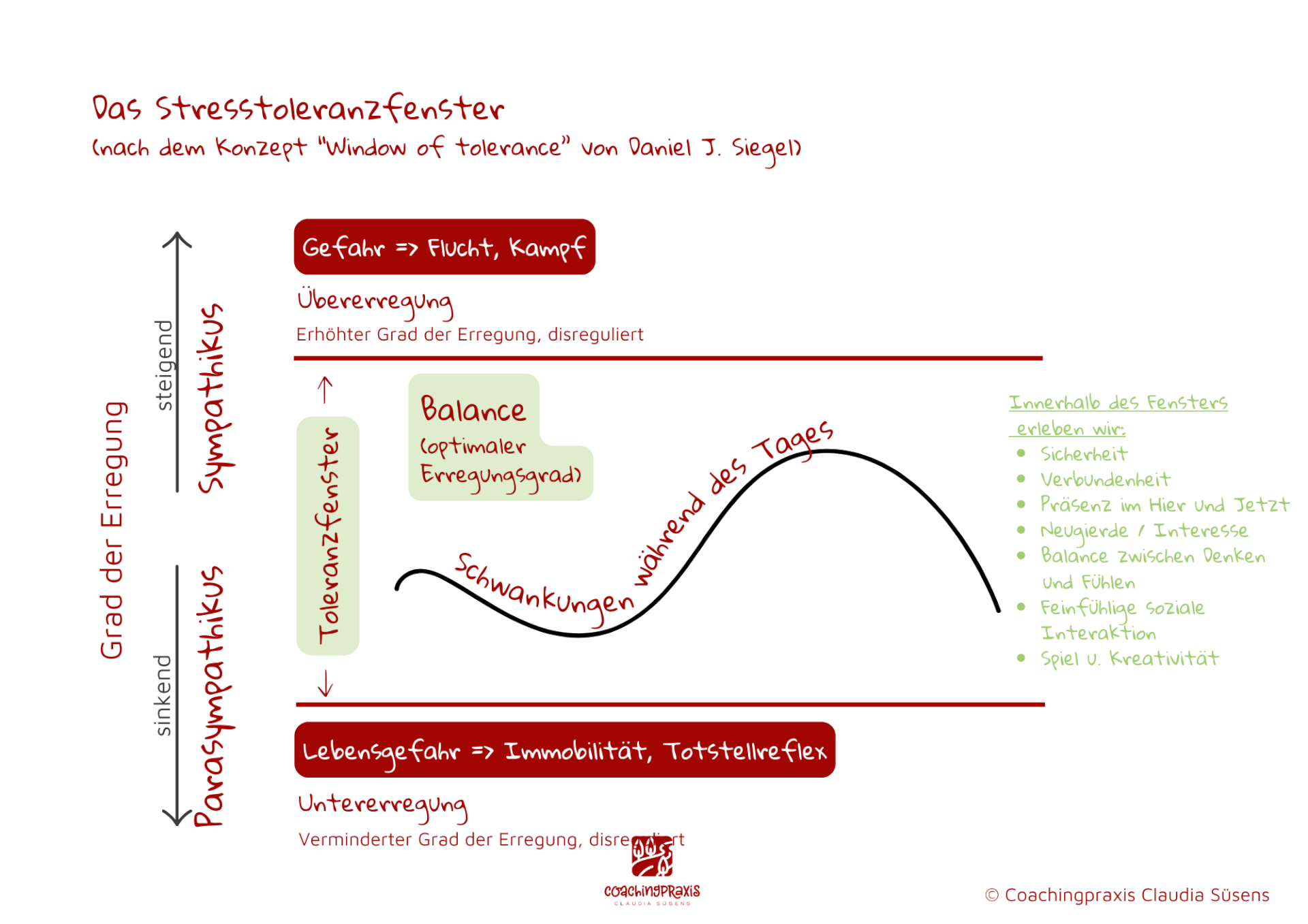 Diese Zeichnung zeigt das Stresstoleranzfenster nach Daniel Siegel und Verena König. Es gibt einen regulierten Bereich und zwei disregulierte Bereiche. Die Über- und Untererregung.