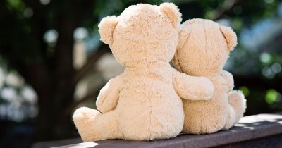 Dieses Foto zeigt zwei beigefarbene, plüschige Teddybären. Sie sind von hinten zu sehen und sie umarmen sich. Ich denke, sie sitzen auf einer Mauer und gucken in Richtung von Bäumen, hier kann man jedoch nur die Stämme und Astgabelungen erahnen.